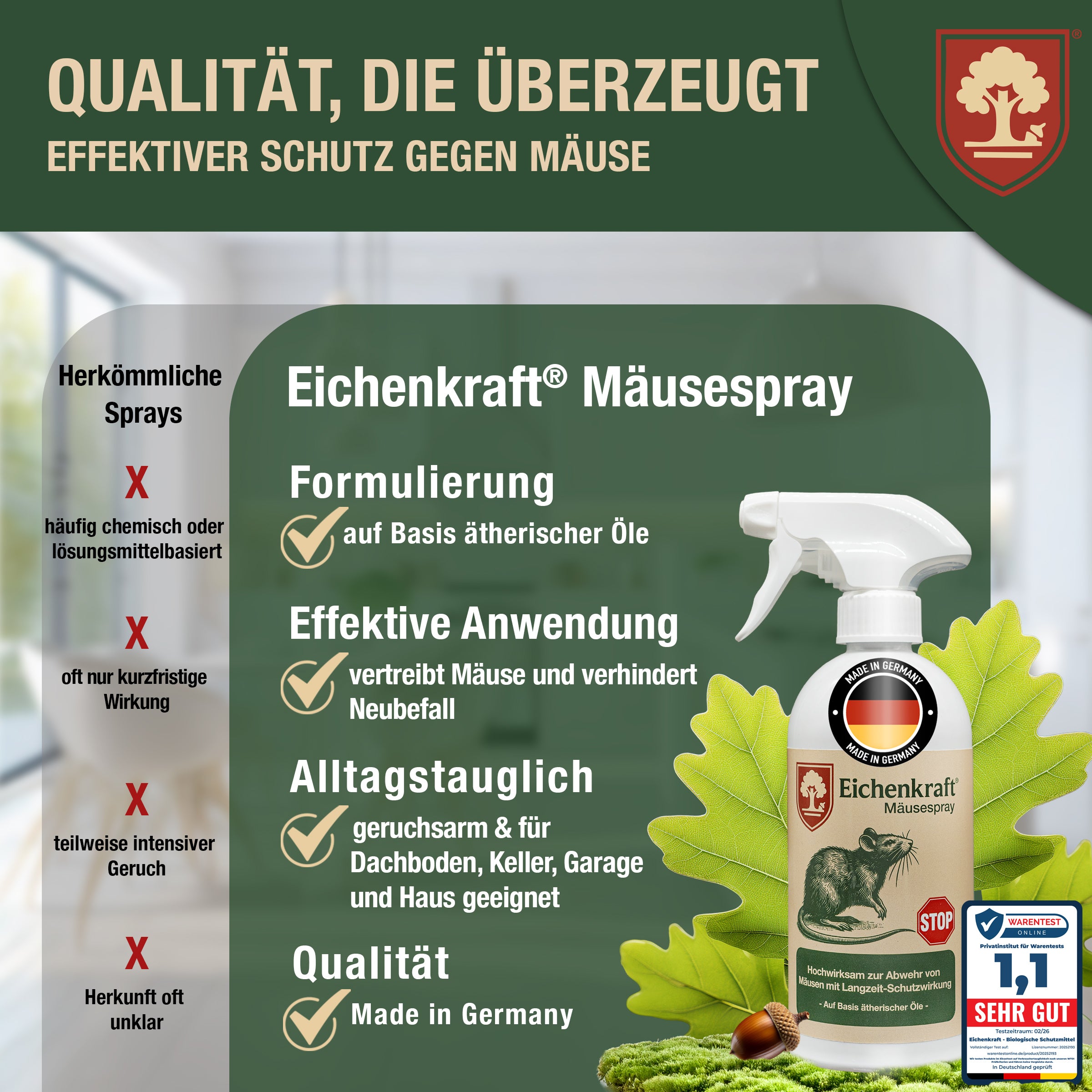 Eichenkraft Mäusespray für Haus, Keller & Garage - Langzeit – Alternative zu Mäusegift, Mäusefalle, Maulwurf Vertreiber, Rattenfalle & Rattengift Tierabwehrspray – 500ml