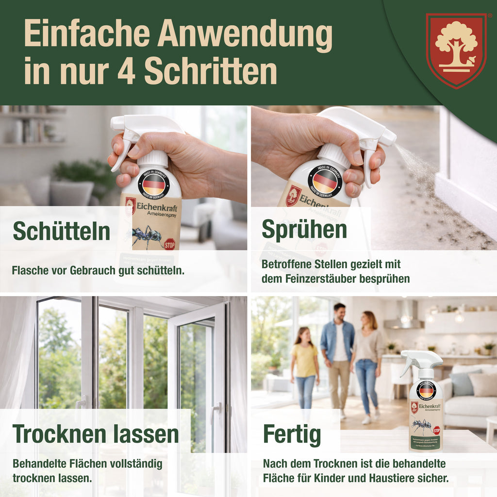 Eichenkraft Ameisenspray – Insektenspray gegen Ameisen – Ameisenköderdose – Auf Basis ätherischer Öle – Für Haus, Terrasse, Balkon & Garten – Ameisenabwehr Spray - 500ml