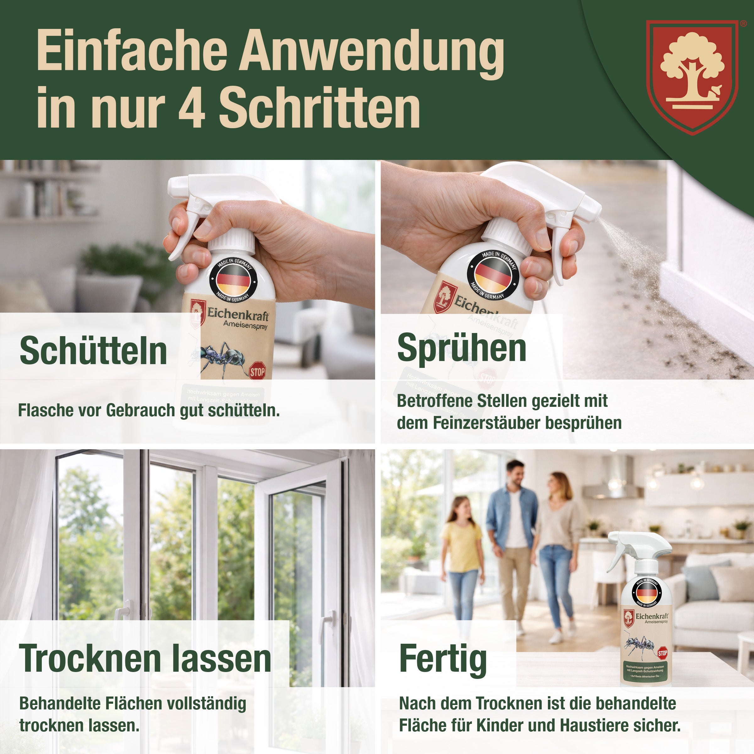 Eichenkraft Ameisenspray – Insektenspray gegen Ameisen – Ameisenköderdose – Auf Basis ätherischer Öle – Für Haus, Terrasse, Balkon & Garten – Ameisenabwehr Spray - 500ml