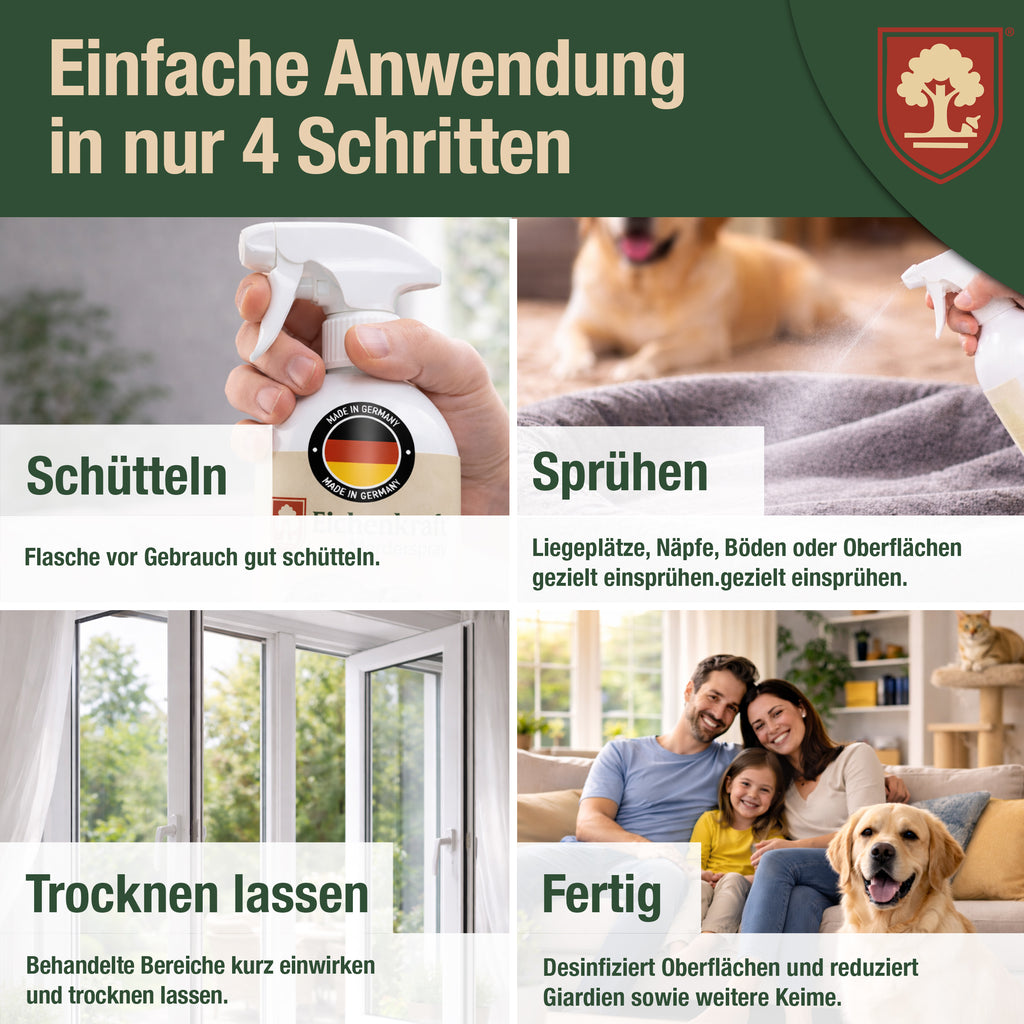 Eichenkraft Giardienspray – Giardien Desinfektionsmittel für Hund & Katze – Hygienespray bei Giardien Befall – Ergänzend zu Giardien Schnelltest Hund & Giardien Schnelltest Katze - 500ml
