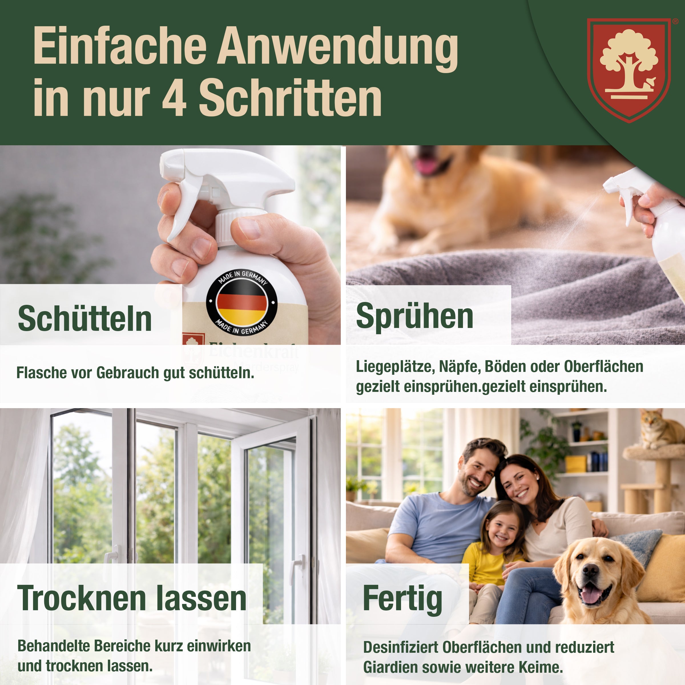 Eichenkraft Giardienspray – Giardien Desinfektionsmittel für Hund & Katze – Hygienespray bei Giardien Befall – Ergänzend zu Giardien Schnelltest Hund & Giardien Schnelltest Katze - 500ml