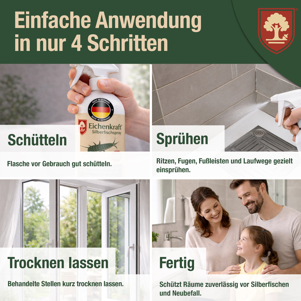 Eichenkraft Silberfischspray gegen Silberfische Papierfische – Ungezieferspray zur Tierabwehr im Haushalt – Alternative zu Silberfischfalle Silberfisch Köderdose – für Bad, Küche, Keller - 500ml