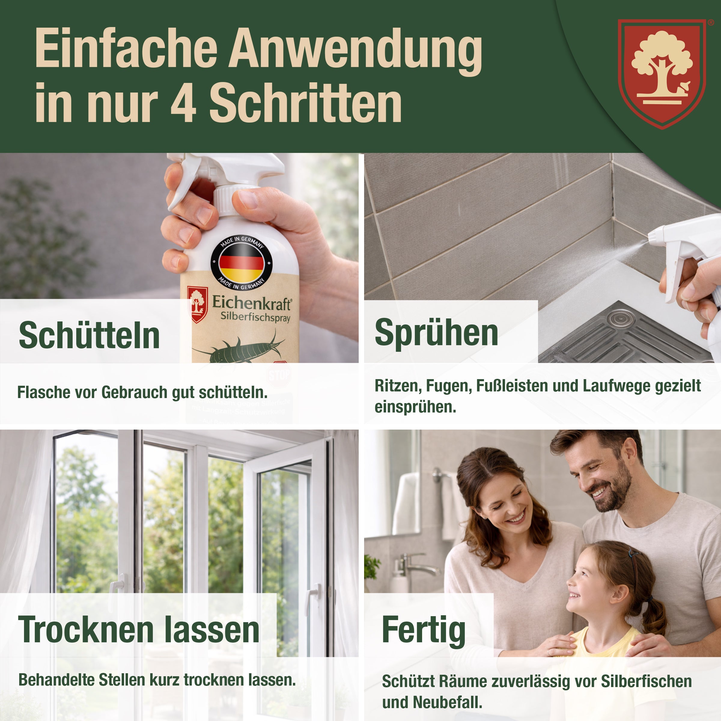 Eichenkraft Silberfischspray gegen Silberfische Papierfische – Ungezieferspray zur Tierabwehr im Haushalt – Alternative zu Silberfischfalle Silberfisch Köderdose – für Bad, Küche, Keller - 500ml