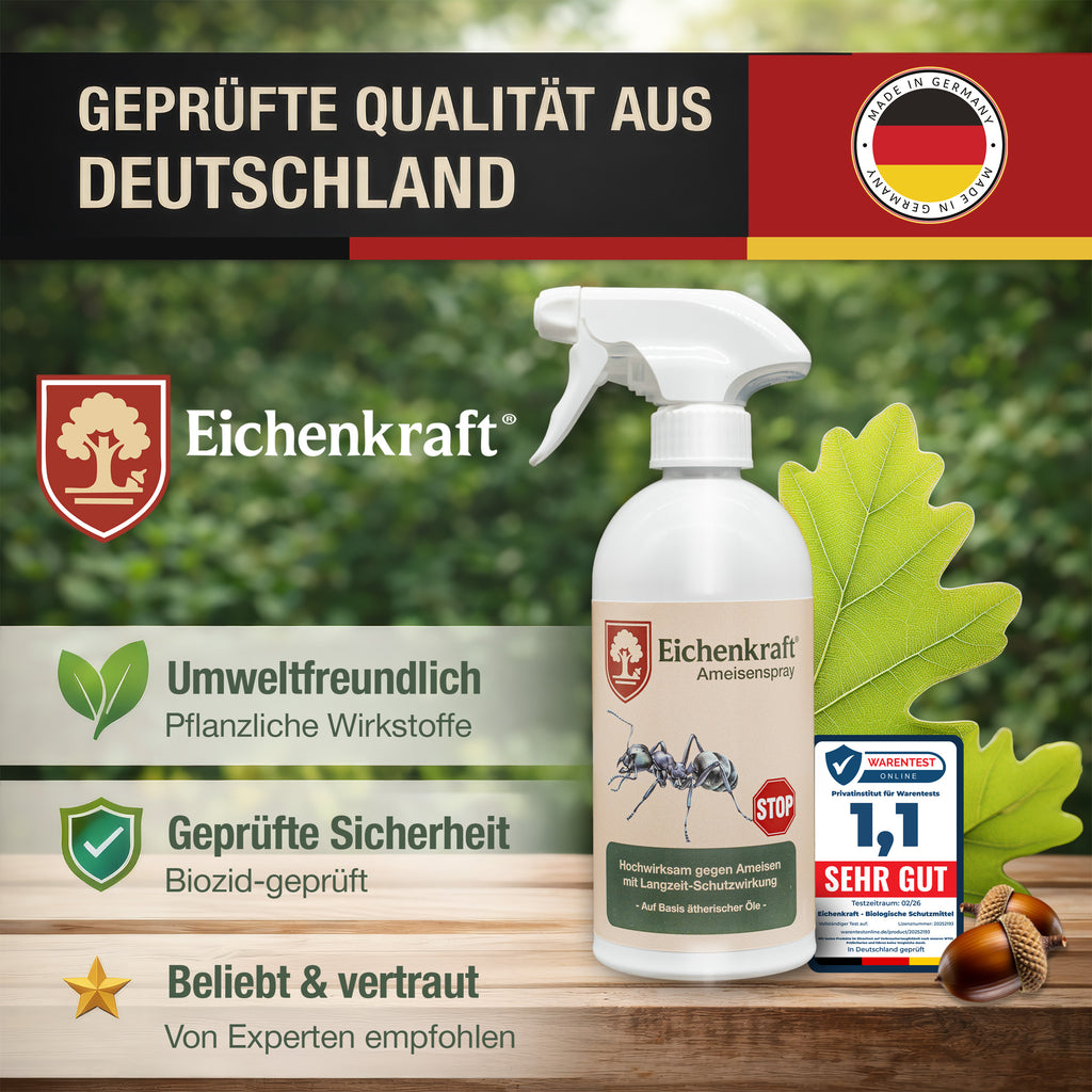 Eichenkraft Ameisenspray – Insektenspray gegen Ameisen – Ameisenköderdose – Auf Basis ätherischer Öle – Für Haus, Terrasse, Balkon & Garten – Ameisenabwehr Spray - 500ml