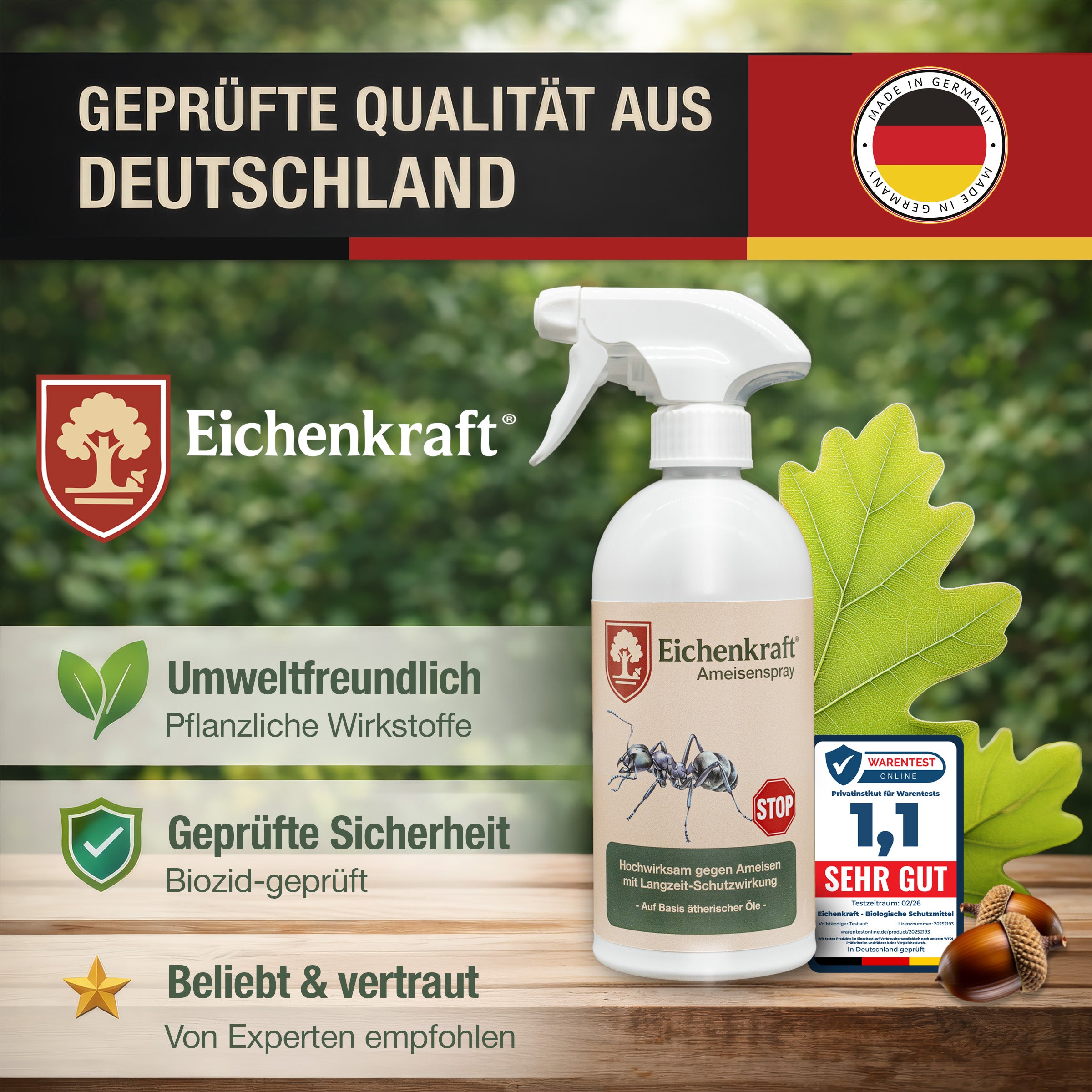 Eichenkraft Ameisenspray – Insektenspray gegen Ameisen – Ameisenköderdose – Auf Basis ätherischer Öle – Für Haus, Terrasse, Balkon & Garten – Ameisenabwehr Spray - 500ml