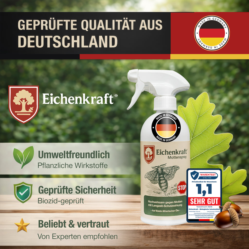 Eichenkraft Mottenspray – Hochwirksames Mottenspray gegen Kleidermotten & Mottenbefall – Langzeit-Schutzwirkung – Für Kleiderschrank, Textilien, Teppiche & Haushalt – Auf Basis ätherischer Öle - 500ml