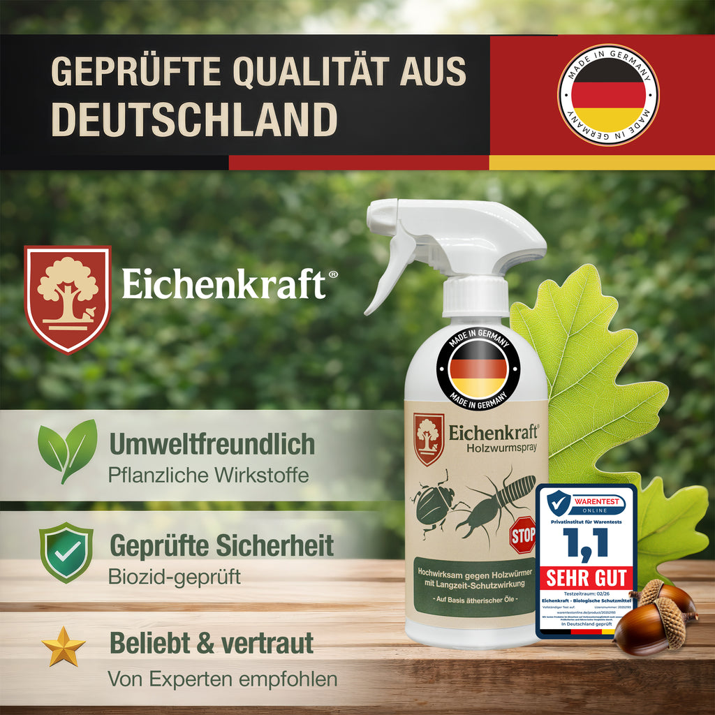 Eichenkraft Holzwurmspray – Hochwirksam Holzwurm bekämpfen - Starkes Holzwurmmittel gegen Holzwürmer Holzschädlinge – Geeignet für Möbel Balken Holzoberflächen - Auf Basis ätherischer Öle - 500ml