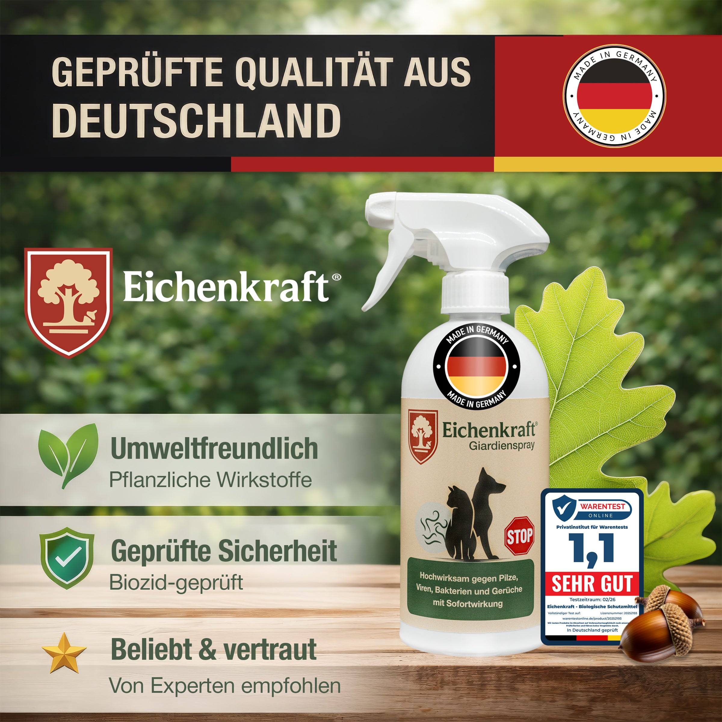 Eichenkraft Giardienspray – Giardien Desinfektionsmittel für Hund & Katze – Hygienespray bei Giardien Befall – Ergänzend zu Giardien Schnelltest Hund & Giardien Schnelltest Katze - 500ml