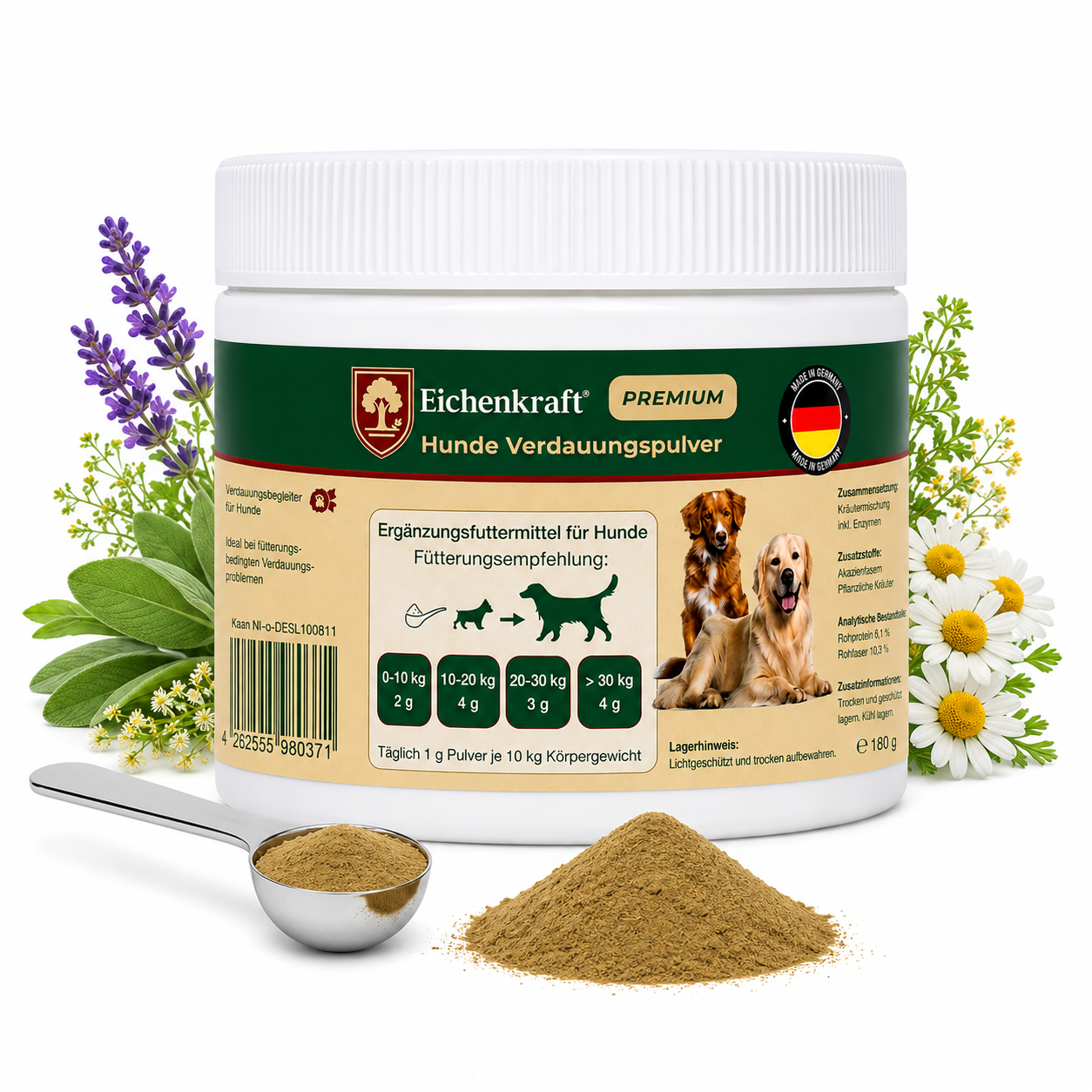 Premium Hunde Verdauungspulver 180g – Probiotika für Hunde Darmflora – Magen Darm Pulver Hund – Unterstützung Verdauung & Kotkonsistenz – Natürliches Ergänzungsfuttermittel Hund – Made in Germany