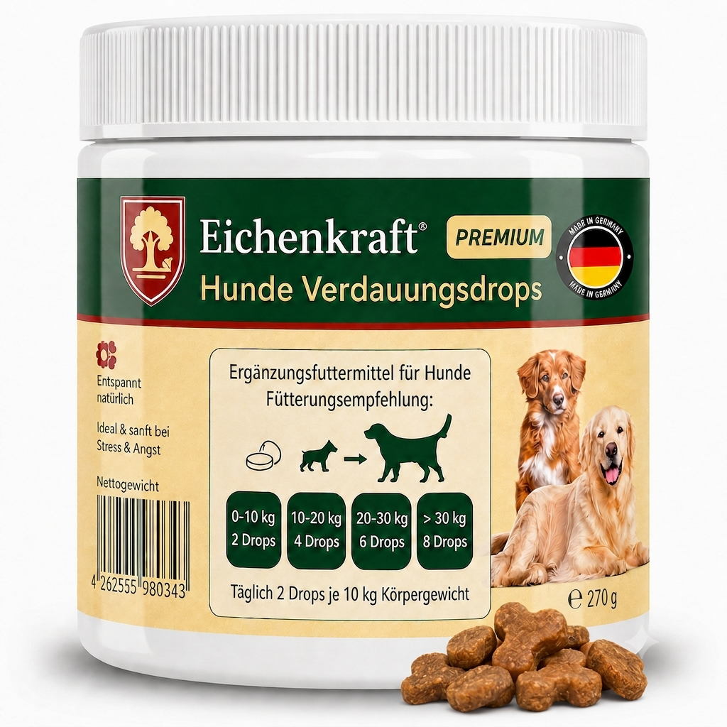 Premium Hunde Verdauungsdrops 270g – Ergänzungsfuttermittel für Hunde mit Kräutern, Leinsamen & Ballaststoffen, Verdauung Drops für Darmflora Magen Darm Wohlbefinden & tägliche Fütterung